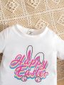 2pcs/Set Baby Girl's Cute & Beautiful Rabbit Easter Pattern Short Sleeve T-Shirt And Flare Pants Outfit For Spring/Summer