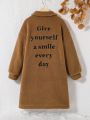 SHEIN Kids Cooltwn Tween Girl Slogan Embroidery Drop Shoulder Teddy Coat