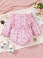 Baby Girls' Cute Floral Print Long Sleeve Romper Jumpsuit, Children's Fashionable Lace Princess Dress