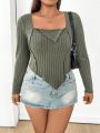 Plus Size Single Color Ribbed Knitted Button Detail T-Shirt