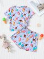 SHEIN Young Girl Knitted Cute Cartoon Ice Cream Printed Two Piece Pajama Set