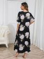 Floral Print Contrast Lace Batwing Sleeve Sleep Dress