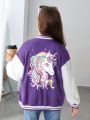 SHEIN Tween Girl Unicorn Print Drop Shoulder Two Tone Varsity Jacket