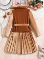 SHEIN Kids KDOMO Spring And Autumn Casual Business Suit Collar Jacket Velvet Pleated A-Line Dress Set, Waist-Tightening To Show Curve