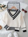 Tween Girl Striped Trim Drop Shoulder Cricket Sweater