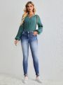 SHEIN LUNE High Stretchy And Tightening Belly Hole Ripped Worked Old Ladies' Denim Skinny Leggings