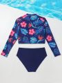 Teen Girl Tropical Printed Long Sleeve Bikini Top And Triangular Bottom Swimsuit Set