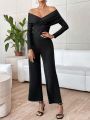 SHEIN Privé Off Shoulder Ruched Side Wide Leg Jumpsuit