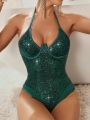 Sequin Underwire Halter Teddy Bodysuit