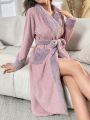 Dual Pocket Contrast Fuzzy Trim Belted Flannel Robe