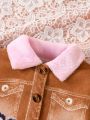 Baby Girl'S Fashionable Patchwork Faux Denim Cartoon Butterfly & Letter Printed Furry Two Piece Set