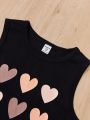 SHEIN Kids QTFun Big Girls' Knit Solid Color Heart Pattern Tank Top 2pcs Set