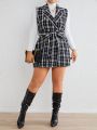 SHEIN Privé Plus Plaid Pattern Belted Vest Overcoat