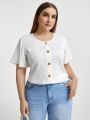 SHEIN Essnce Women's Plus Size Buttoned T-shirt With Ruffled Sleeves