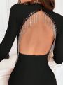 SHEIN Privé Women's Hollow Back Rhinestone Tassel Slim Dress