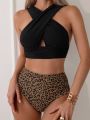 SHEIN Swim Classy Women's Leopard Print Bottom With Shirred Spaghetti Strap Bikini Set