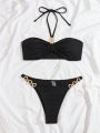 SHEIN Swim SXY Rhinestone Decorated Halter Top And Triangle Bottom Bikini Set