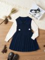 Little Girls' Flower Embroidery Contrast Collar Sweater Dress