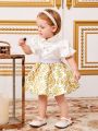 SHEIN Baby Girl Elegant Satin Bubble Short Sleeve Shirt With Floral Print Skirt Set