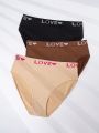 3pcs Plus Size Seamless Underwear With Letter And Heart Patterns