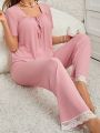 Women's Sweetheart Neckline Patchwork Lace Pajama Set