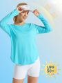 Women's Split Hem Sun Protection Long Sleeve T-shirt With Collar/light Blue