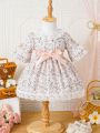 Baby Girl Floral Lace Spliced Satin Belted Dress With Doll Collar And Back Buttons Closure