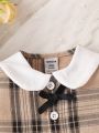 SHEIN Infant Girls' Plaid Dress With Peter Pan Collar And Bow Decoration