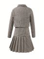 SHEIN Kids Nujoom Tween Girls Plaid Suit Jacket & Spaghetti Strap Pleated Skirt Set