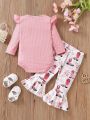 Little Girls' Pink Small Flying Sleeve Jumpsuit With Printed Flare Pants