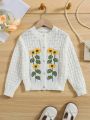 SHEIN Kids QTFun Young Girl Floral Embroidery Pointelle Knit Cardigan