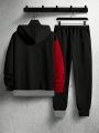 Extended Sizes Men's Contrast Color Drawstring Hoodie And Sweatpants Two Piece Set