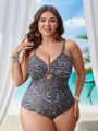 SHEIN Swim BohoFeel Plus Size Full Printed One-Piece Swimsuit With Round Ring Decoration