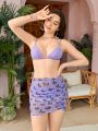 SHEIN Teen Girl Solid Color Halter Bikini Set With Butterfly Mesh Skirt Three Piece Set