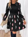 SHEIN Frenchy Feather Print Lantern Sleeve Dress