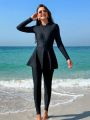 SHEIN Swim Mulvari Women's Conservative Style Long Sleeve One-Piece Swimsuit With Ruffle Hem