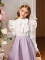 SHEIN Tween Girl Bow Front Gigot Sleeve Mock Neck Blouse