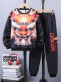 SHEIN Kids Cooltwn Boys' (big Kids') Dragon & Letter Printed Hoodie And Sweatpants Set For Street Style