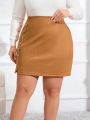 SHEIN Essnce Plus Size Women'S Elegant Fitted Button-Up Faux Pu Midi Skirt