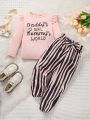 SHEIN Kids EVRYDAY 2pcs/set Little Girls' Letter Printed Ruffled Hem T-shirt And Bow Knot Striped Pants, Spring And Autumn