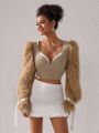 NILLARY Fuzzy Long Sleeve Sweetheart Neckline 2-In-1 Cropped Top