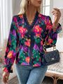 SHEIN LUNE Tie-dye Lace Patchwork V-neck Blouse