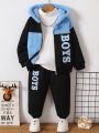 SHEIN Young Boy 2pcs/Set Casual Hoodie And Long Pants With Letter Printed And Spliced Pattern For Regular Daily Wear Autumn/Winter