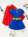 SHEIN Kids QTFun Young Girl Superman Costume Set, 3pcs