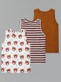 SHEIN Kids QTFun Boys' Three-piece Set Of Cute And Comfortable Solid Color Vest Plus Striped Vest Plus Bear Pattern Vest