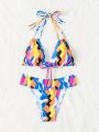 SHEIN Swim Y2GLAM Random Printed Front Knot Bikini Swimsuit Set