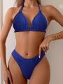 SHEIN Swim Basics Women's Solid Color Ribbed Knit Swimsuit Set