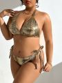 SHEIN Swim BAE Plus Size Women'S Crocodile Texture Halter Neck Swimsuit Set