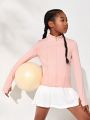 SHEIN Girls' Knitted Solid Color Stand Collar Zip Up Casual Sports Sweater