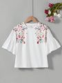 SHEIN Kids CHARMNG Girls' Round Neck Puff Sleeve T-Shirt With Ruched Detail And Flower Print On Both Sides